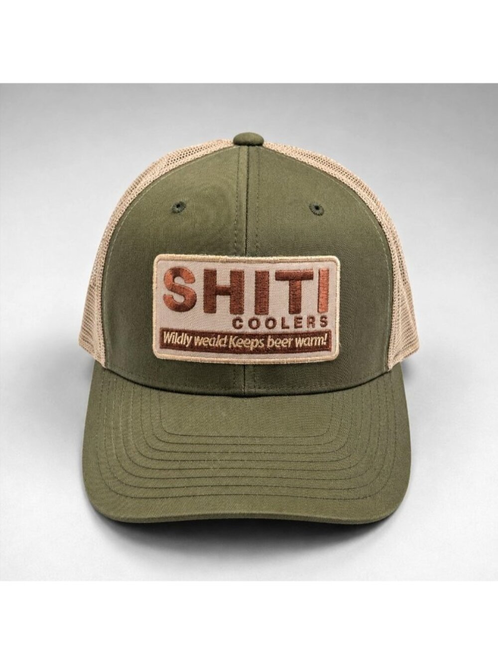 Shiti Coolers Snapback Hat Olive Green Tan Mesh Trucker Parody Yeti Cap